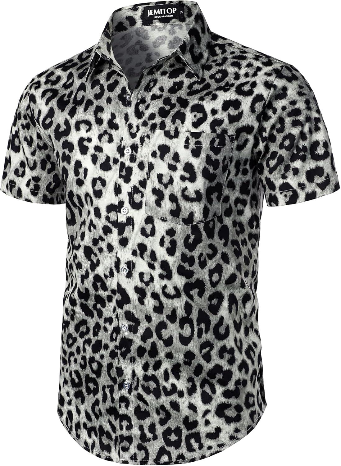 imageJEMITOP Mens 2 Piece Casual Cotton Stretchy Outfit Short Sleeve Button up Shirt and Shorts SetWhite Leopard