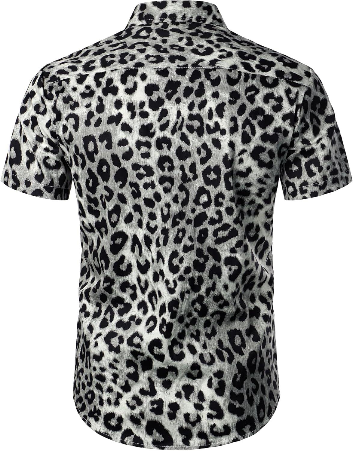 imageJEMITOP Mens 2 Piece Casual Cotton Stretchy Outfit Short Sleeve Button up Shirt and Shorts SetWhite Leopard