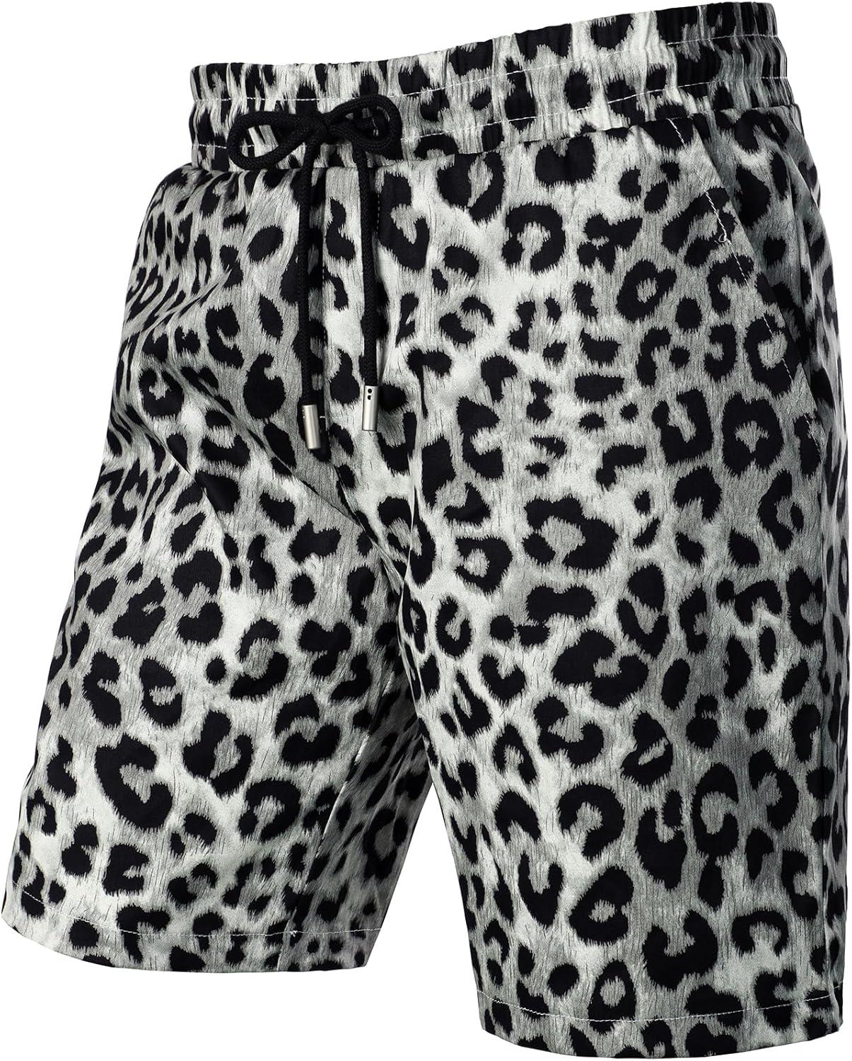 imageJEMITOP Mens 2 Piece Casual Cotton Stretchy Outfit Short Sleeve Button up Shirt and Shorts SetWhite Leopard