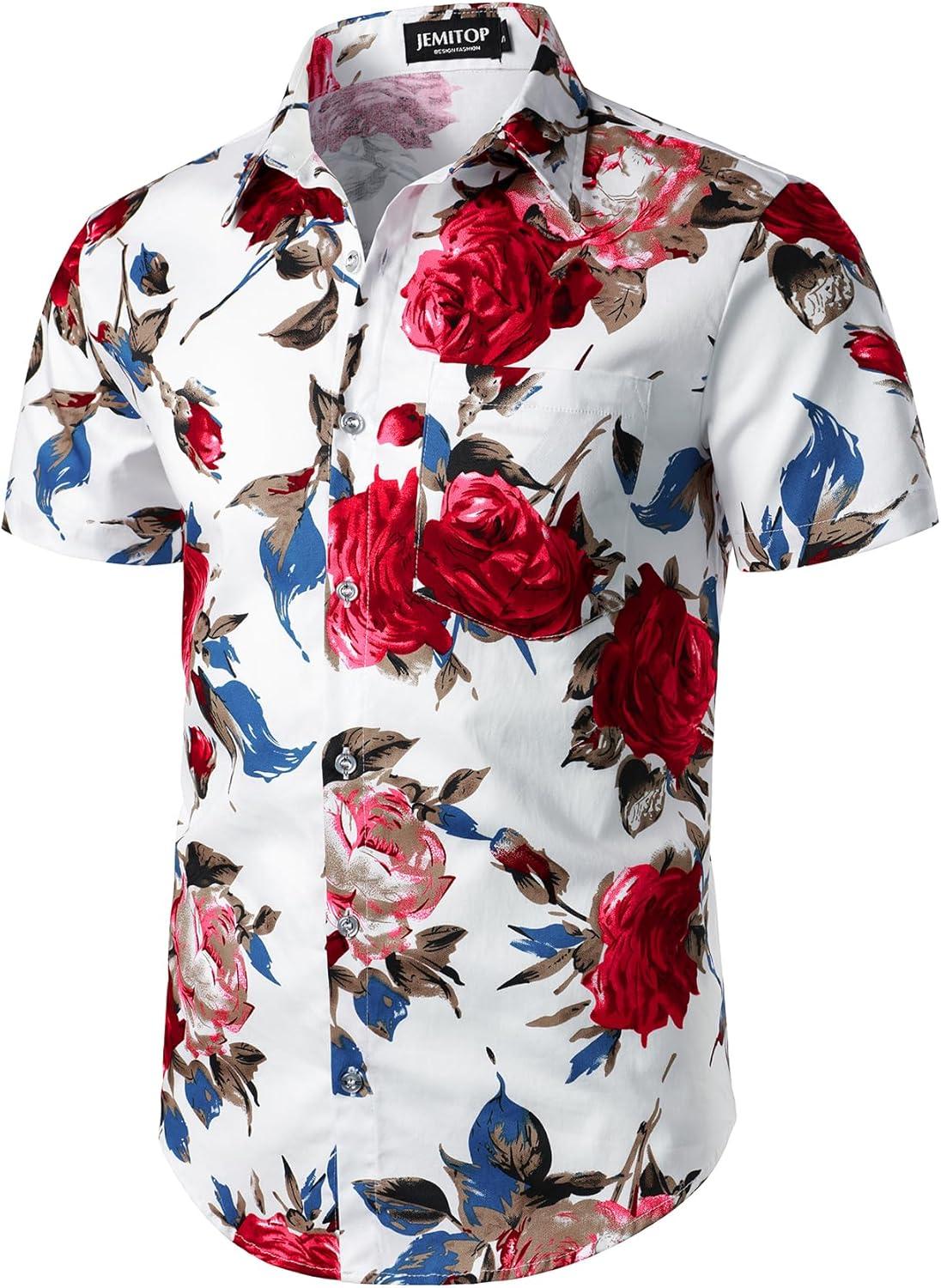 imageJEMITOP Mens 2 Piece Casual Cotton Stretchy Outfit Short Sleeve Button up Shirt and Shorts SetWhiterose