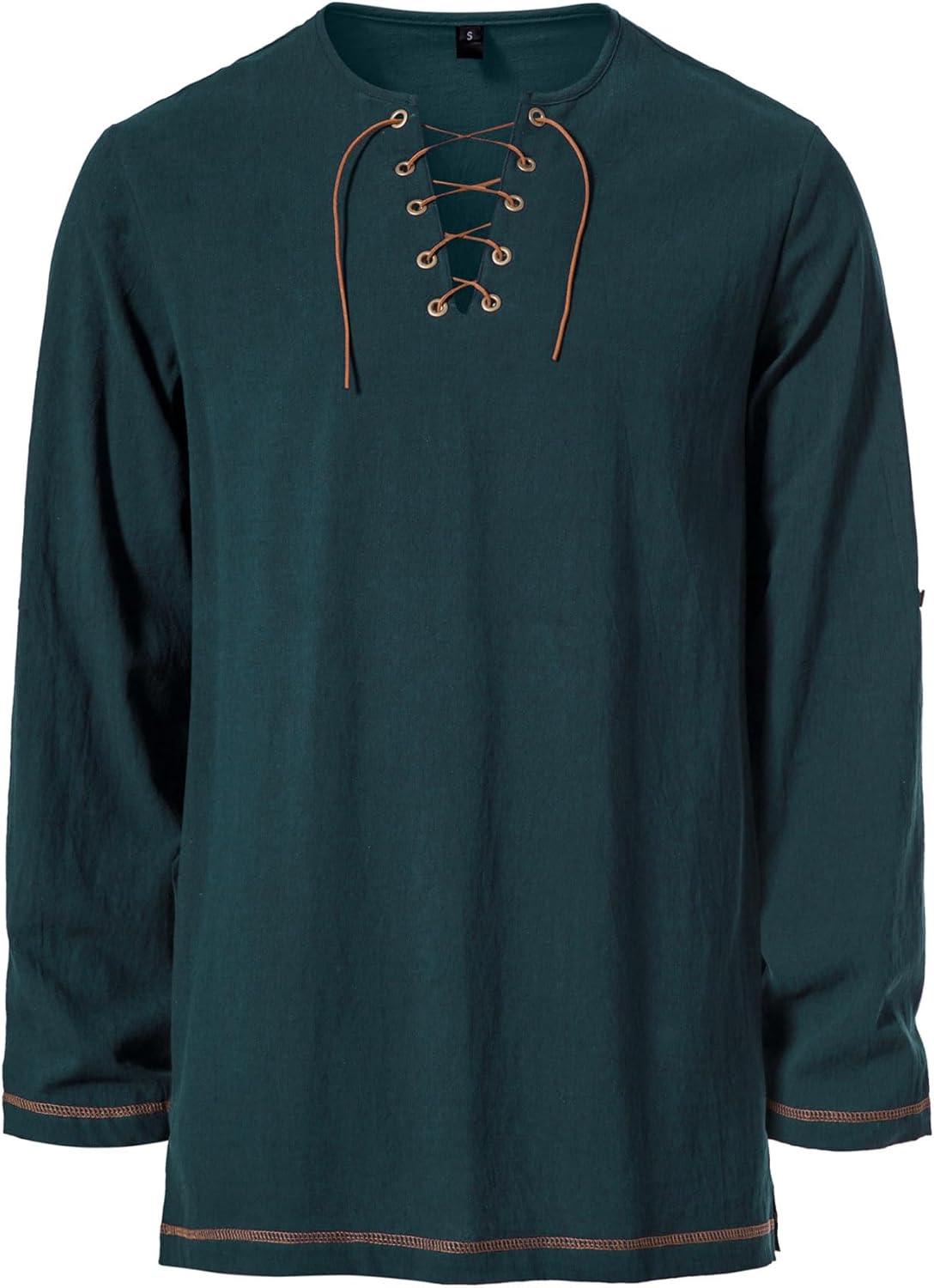 imageJEMITOP Mens Pure Cotton Vintage Lace Up Shirts for Pirate Renaissance Viking Medieval Costume Without BeltDark Green