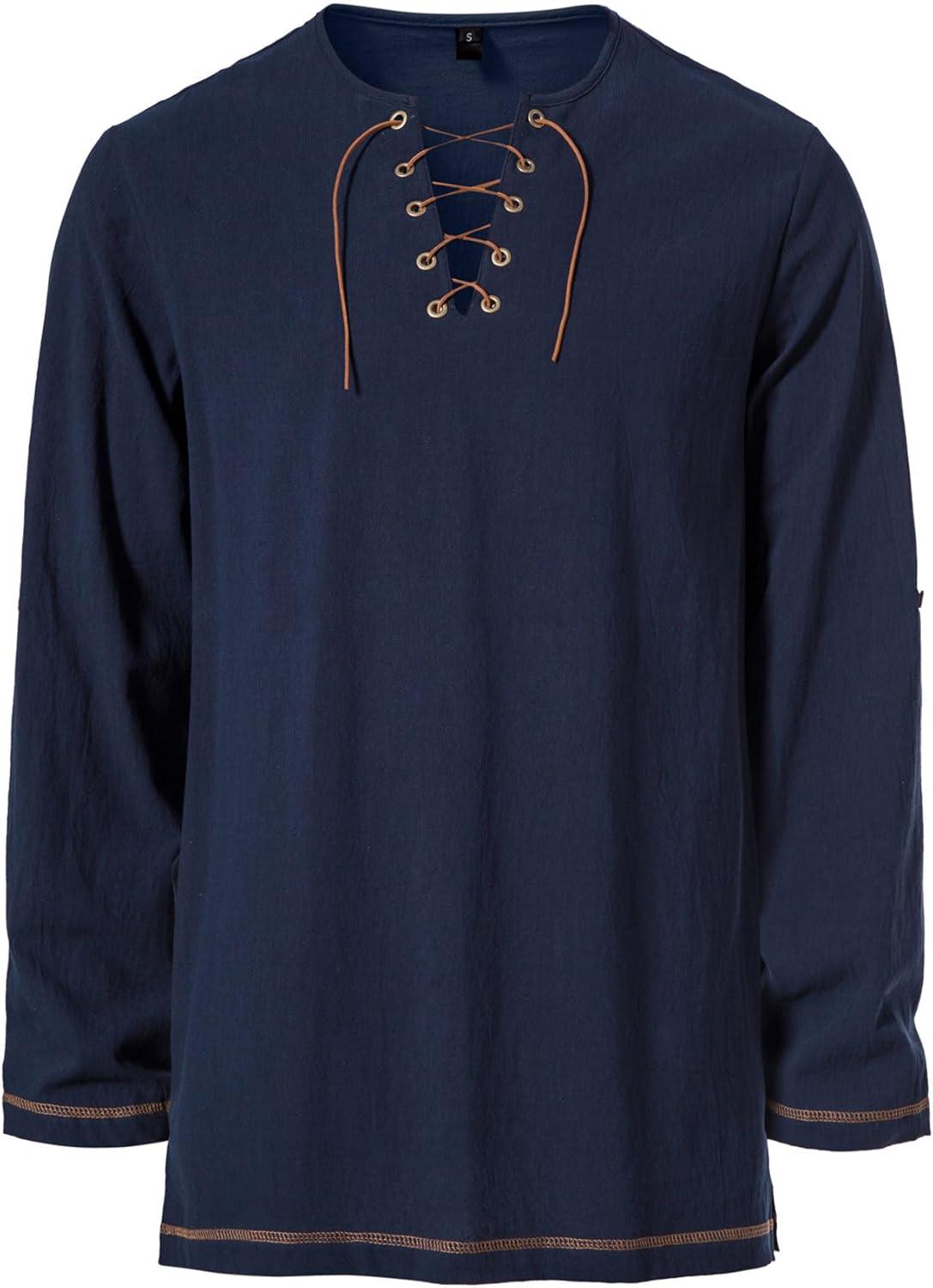 imageJEMITOP Mens Pure Cotton Vintage Lace Up Shirts for Pirate Renaissance Viking Medieval Costume Without BeltNavy Blue