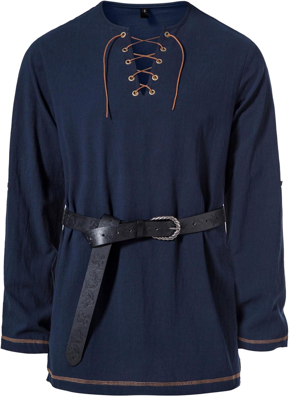 imageJEMITOP Mens Pure Cotton Vintage Lace Up Shirts for Pirate Renaissance Viking Medieval Costume Without BeltNavy Blue
