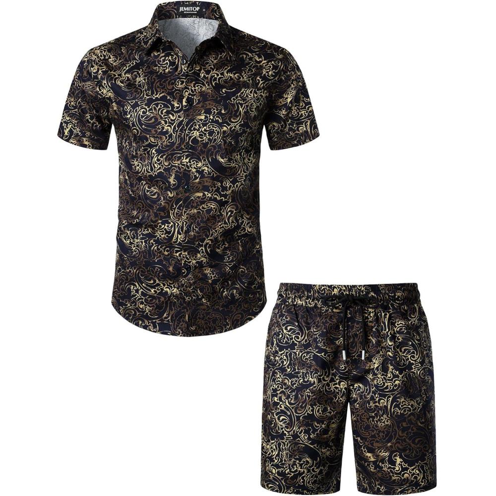 imageJEMITOP Mens 2 Piece Casual Cotton Stretchy Outfit Short Sleeve Button up Shirt and Shorts SetNavy