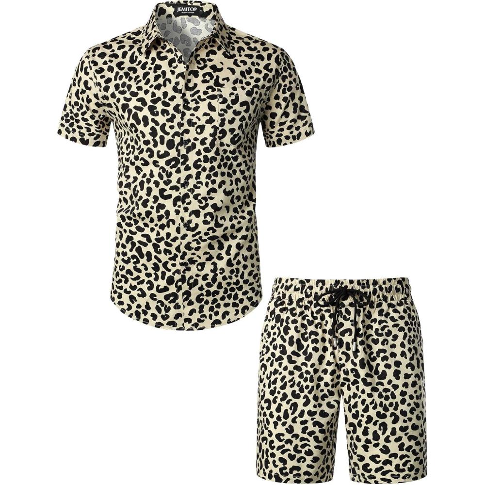 imageJEMITOP Mens 2 Piece Casual Cotton Stretchy Outfit Short Sleeve Button up Shirt and Shorts SetSand Leopard