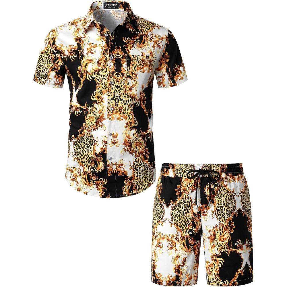 imageJEMITOP Mens 2 Piece Casual Cotton Stretchy Outfit Short Sleeve Button up Shirt and Shorts SetWhite Gold