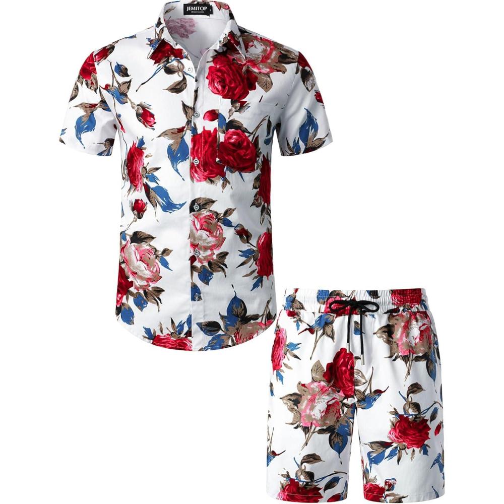 imageJEMITOP Mens 2 Piece Casual Cotton Stretchy Outfit Short Sleeve Button up Shirt and Shorts SetWhiterose
