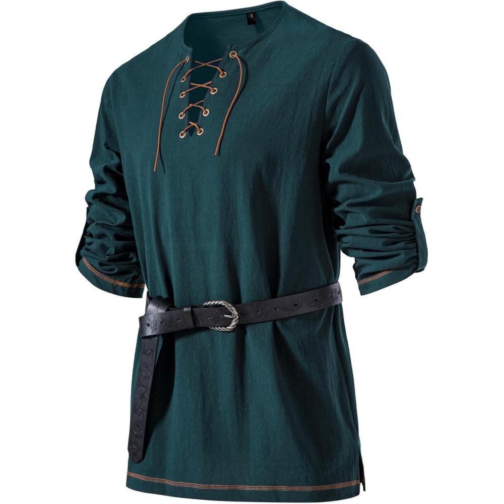 imageJEMITOP Mens Pure Cotton Vintage Lace Up Shirts for Pirate Renaissance Viking Medieval Costume Without BeltDark Green