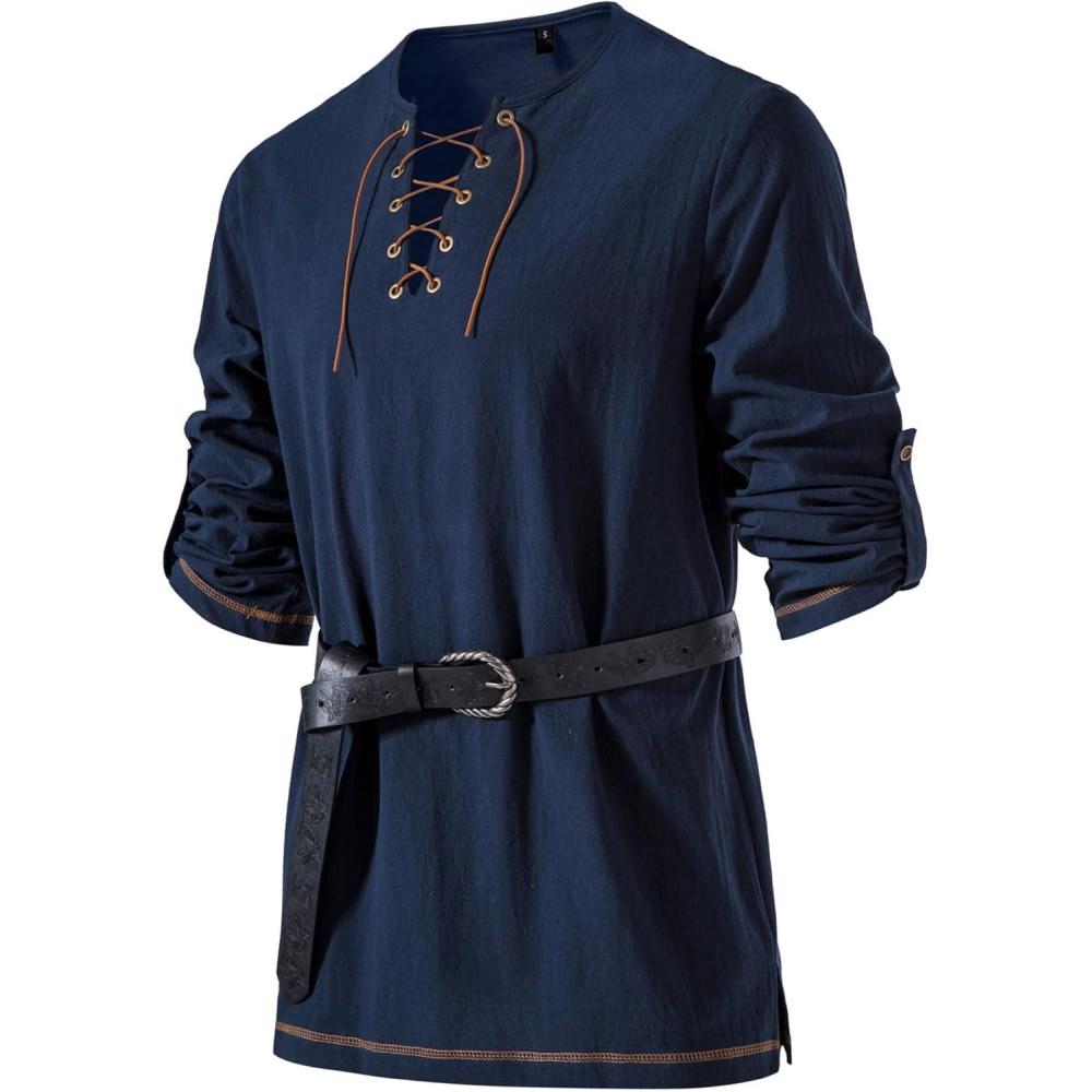 imageJEMITOP Mens Pure Cotton Vintage Lace Up Shirts for Pirate Renaissance Viking Medieval Costume Without BeltNavy Blue