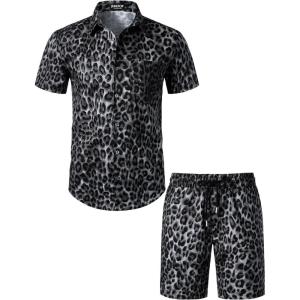 imageJEMITOP Mens 2 Piece Casual Cotton Stretchy Outfit Short Sleeve Button up Shirt and Shorts SetBlack Leopard