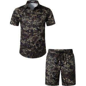 imageJEMITOP Mens 2 Piece Casual Cotton Stretchy Outfit Short Sleeve Button up Shirt and Shorts SetNavy