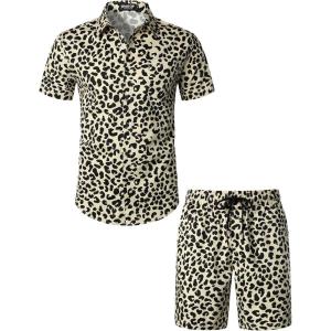imageJEMITOP Mens 2 Piece Casual Cotton Stretchy Outfit Short Sleeve Button up Shirt and Shorts SetSand Leopard