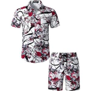 imageJEMITOP Mens 2 Piece Casual Cotton Stretchy Outfit Short Sleeve Button up Shirt and Shorts SetWhite Floral