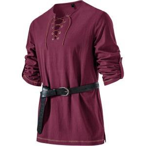 imageJEMITOP Mens Pure Cotton Vintage Lace Up Shirts for Pirate Renaissance Viking Medieval Costume Without BeltBurgundy