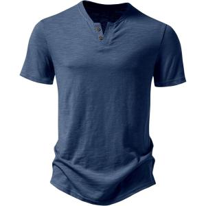 imageJEMITOP Mens Stretchy Short Sleeve Henley TShirt Casual Cotton 2 Buttons Notch Neck Tee ShirtsDark Blue