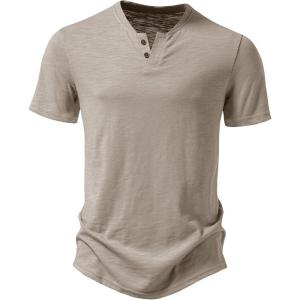 imageJEMITOP Mens Stretchy Short Sleeve Henley TShirt Casual Cotton 2 Buttons Notch Neck Tee ShirtsLight Khaki