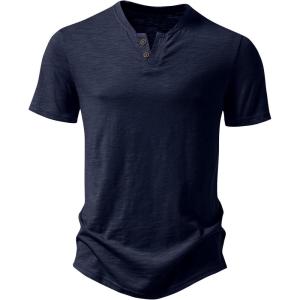 imageJEMITOP Mens Stretchy Short Sleeve Henley TShirt Casual Cotton 2 Buttons Notch Neck Tee ShirtsNavy Blue