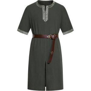 imageJEMITOP Mens Retro Style Cotton Short Sleeves Tunic Shirts for Viking Medieval Renaissance Costume Without BeltArmy Green