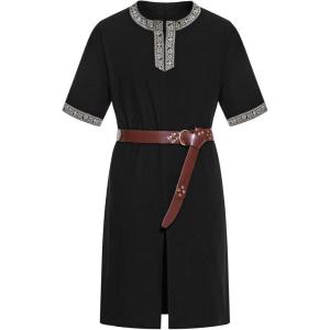 imageJEMITOP Mens Retro Style Cotton Short Sleeves Tunic Shirts for Viking Medieval Renaissance Costume Without BeltBlack