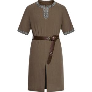 imageJEMITOP Mens Retro Style Cotton Short Sleeves Tunic Shirts for Viking Medieval Renaissance Costume Without BeltCoffee
